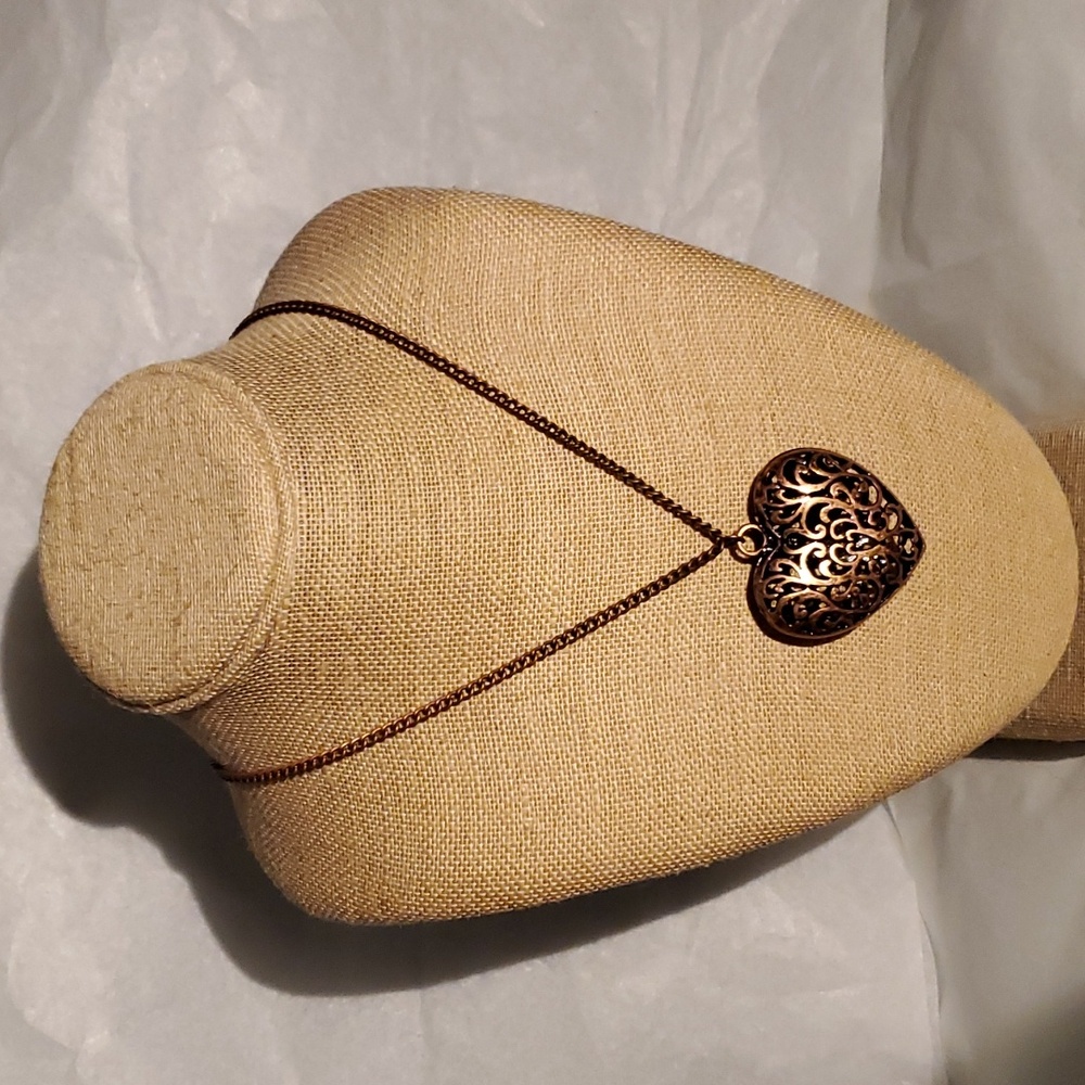 Long Copper tone filigree heart necklace